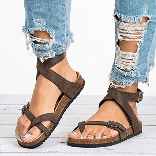WellingA Femmes Sandales d'été en Cuir Sandales Plates Femme Bascule Sandales de Plage décontractées Chaussures Dames,Marron,39