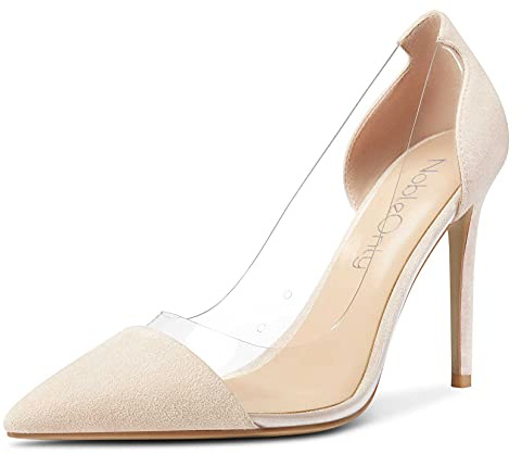 NobleOnly Scarpe col Tacco Donna Trasparente Tacco a Spillo 10CM High Heels Beige Nudo Scamosciato Scarpe EU 35.5