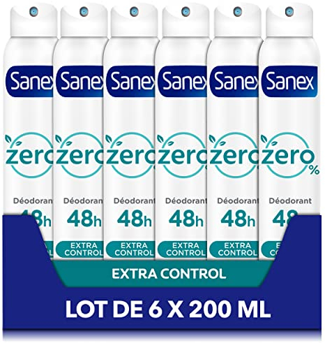 SANEX Deodorant-Spray, 0% Extra Control, Deodorant für Damen und Herren, 48 Stunden effektiv, ohne Alkohol, ohne Aluminiumsalze, 6 x 200 ml