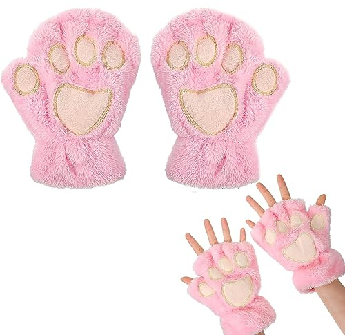 EQLEF Gant Chat Griffe, Gants Sans Doigts Mitaine Femme Patte de Chat Mignon Gants en Peluche Gants D'hiver Chauds Gant Chat Cosplay pour Femmes et Filles
