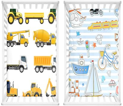 Hiseng 2 Stück Baby Spannbettlaken Bettlaken für Eckige & Oval Matratzen, Weiche Mikrofaser Spannbettlaken Kinderwagen Matratzenschoner für Beistellbett & Kinderwagen (Bagger und Boot,60x120cm)