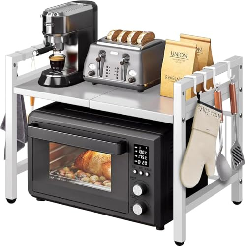 Bingobang Expandable Microwave Oven Rack with 6 Hooks, 2 Tier Kitchen Counter Organizer Shelf Stand, Pot Pan Grill Storage Racks, Carbon Steel Heavy Load Capacity, Width 40-60cm (White)