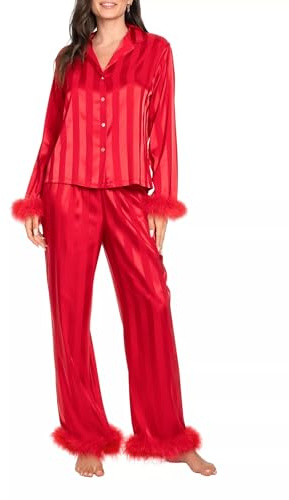 FeMereina Women Valentine's Day Pajamas Set Silk Satin Pjs Feather Trim Long Sleeve Shirt Pants Lounge Set (Red, XXL)