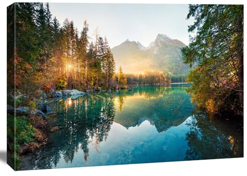 Leinwandbild 120x80cm 5065 – Natur See Berge Sonnenuntergang – Wandbild XXL Panorama Landschaft – Kunstdruck auf Leinwand, Bilder für Wohnzimmer, Büro, Schlafzimmer – Fertig zum Aufhängen