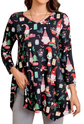 Enmain Tunique Noel Femme Grande Taille Noir Tunique Femme Noël à Manches Longues Col en V Blouse Top Chic et élégant Hiver de Festival Fête 3XL