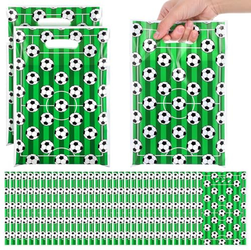 Josojoou 50 sacchetti regalo a tema calcio, con manici, sacchetti in plastica per bomboniere di compleanno, sacchetti per snack a tema calcio