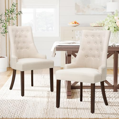 COLAMY Dining Chairs Set of 2 with Tufted Button, Upholstered Dining Room Chair with Wood Legs, Wingback Kitchen Chairs for Dining Room/Restaurant/Cafe, Beige