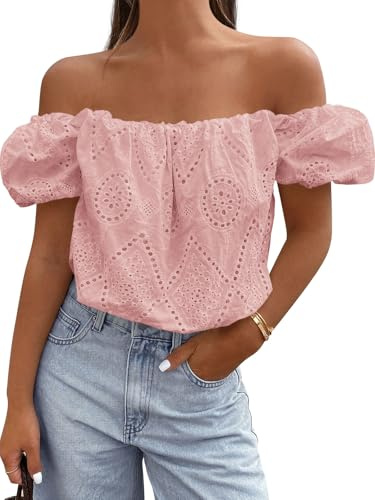 PRETTYGARDEN Women's Summer Off The Shoulder Tops 2026 Dressy Casual Puff Short Sleeve Embroidered Eyelet Cute Blouse Shirts(Pink,Large)
