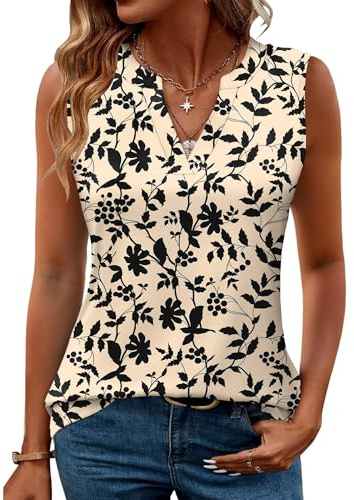 Rapbin Vest Tops Women Casual Summer V Neck Tank Tops Loose Fit Sleeveless Blouse Shirt UK(Apricot & Black Pattern,M)