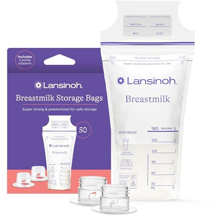 Lansinoh 50 bolsas de almacenamiento de leche materna con adaptador de bomba para bolsas