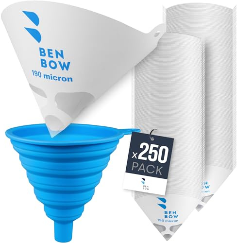 BenBow Lacksieb 190µ x 250 Stück - Einweg-Papierfilter mit Nylongewebe und praktischer Silikontrichter - zum Filtern von Lacken und Farben vor Verunreinigungen