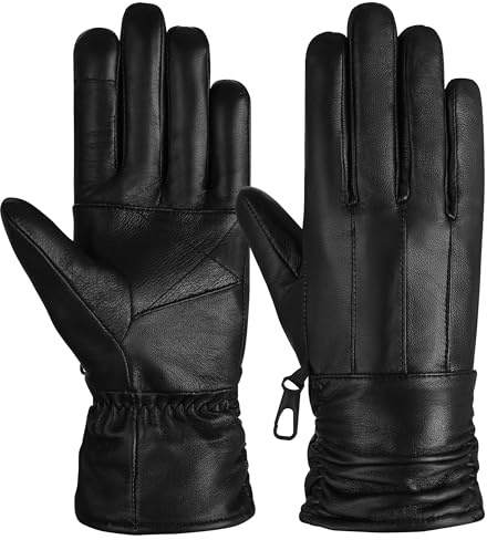 Hand Fellow Genuine Sheepskin Women Leather Gloves, Women Winter Gloves Fleece Lined Touch Screen Driving Gloves (Black, M)