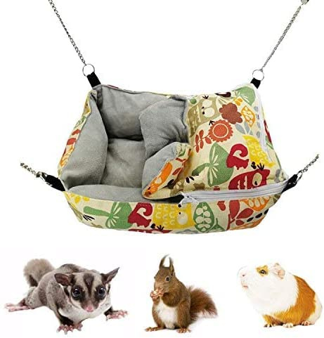 Little Bean Rat Hammocks Hanging Guinea Pig Bed Soft Hamster Bed Warm Chinchilla House Plush Glider Small Animal Beds for Playing Sleeping (Yellow, 2 in 1)