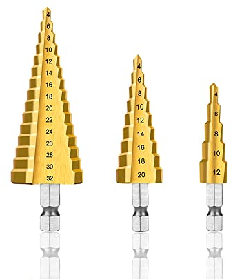 3Pcs Step Bits Set Hss High Speed Steel Step Drill Bits 4-12/4-20/4-32 mm Hex Shank Cone Cutter for Wood Stainless Steel Sheet Metal Aluminum DIY