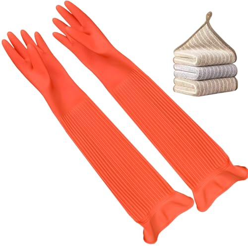 Vsootal 3 Pairs Household Extra Long Kitchen Gloves for Washing Dishes，20.05inches Rubber Cleaning Gloves，Reusable Latex Living Wash Gloves，Long Sleeves(Medium, Red)