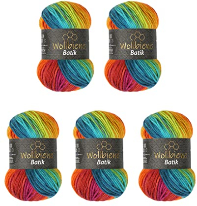 5 x 100g Wollbiene Batik 500 Gramm Wolle mit Farbverlauf mehrfarbig Multicolor Strickwolle Häkelwolle (2060 beere orange grün türkis)