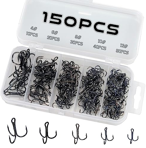 Piscorush 50/150 Stück Drillingshaken Set, Drillinge Angelhaken Kohlenstoffstahl, Angelhaken Set, Karpfen Karpfen Haken, für Harte Köder, Salzwasser, Süßwasser-Angeln (Schwarzes Nickel 150Stk Set)