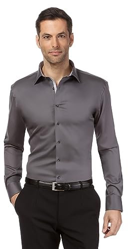 Vincenzo Boretti Herren Hemd bügelfrei 100% Baumwolle Slim-fit Uni-Farben dunkelgrau 39-40