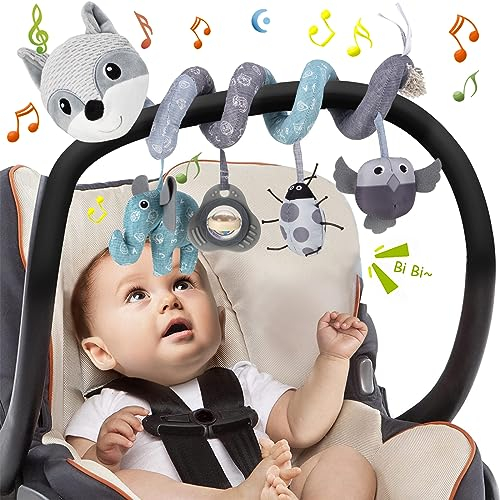 Funsland Kinderwagen Spielzeug, Baby Activity Spirale Spielzeug mit Musik, Hängendes Spiral Plüsch Spielzeug für Kinderbett/Autositz/Babyschale, Neugeborene Geschenk für Baby 0 3 6 12 Monate, Grau