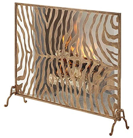 JUNNIU Parafuoco in Oro a Pannello Singolo per caminetti/stufe/Griglie, Copertura parascintille antincendio con Motivo zebrato per Protezione Animali Domestici Decoration