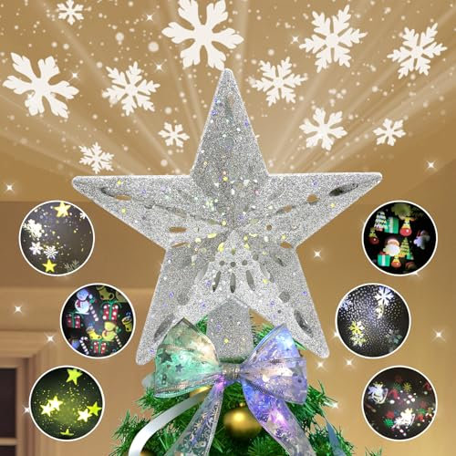 Christmas Tree Topper Star Lighted Matching Ribbon with Lights 5m/16ft,6 Projection Modes with Built-in Rotating LED Dynamic Projector, 3D Glitter Hollow Star Tree Topper for Xmas Tree(Silver)