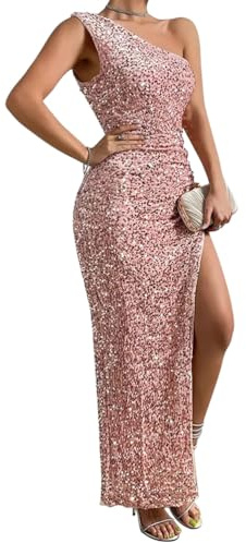 shownicer Robe de Soirée Cocktail Femme Élégante Col V à Paillettes Robe Longue Robe Fendues à Sequins Mode Maxi Dress A Rose M