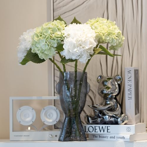 DUYONE 4 hortensias Artificiales Grandes realistas de 56 cm, 2 Blancas y 2 Verdes claras, para Exteriores, Boda, Navidad, Oficina, Fiesta Familiar, Sala de Estar, decoración de Mesa