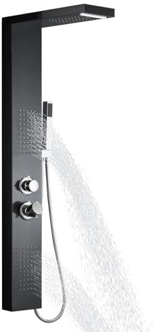 XMTECH Panel de ducha de acero inoxidable, sistema de ducha 4 en 1, montaje en pared, juego de ducha con masaje y ducha de mano, color negro
