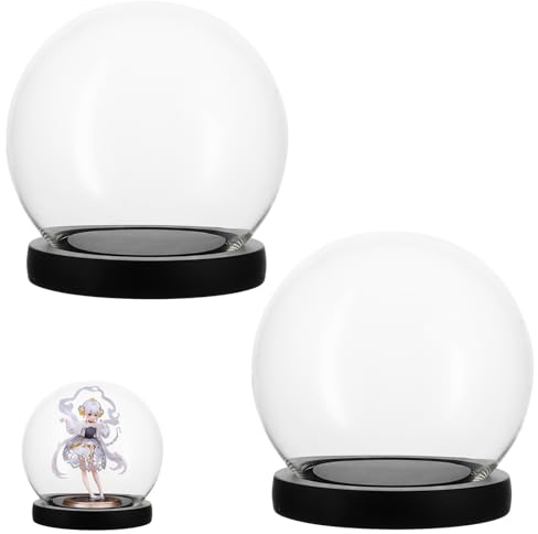 Oungy 2 pièces cloche décorative en verre avec base en bois, dôme en verren de 10 cm de haut avec base en bois, cloche en verren transparent dôme décoratife en verre dômen décoratif en verren naturel