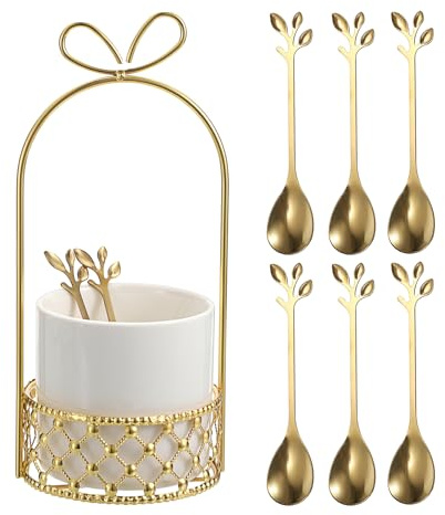 ELLDOO Coffee Spoon Set, White Ceramic Holder with 8 Stainless Steel Gold Leaf Coffee Spoons, Creative Flatware Set for Stirring, Mixing, Sugar, Ice Cream, Cake (8 x Spoons)