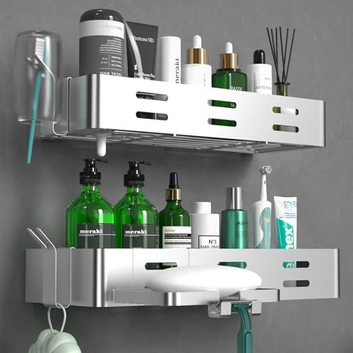 Daoun Dusche Regal ohne Bohren Dusche Regal Silber Shampoo-Halter für Dusche Dusche Korb Edelstahl, 2 Stück Dusche Veranstalter mit Seifenhalter und 2 Haken