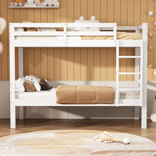 Letto a Castello per Bambini REXO, 90 x 200 cm, con Scala Angolare a Tre Livelli e Protezione Anticaduta, Letto Suddiviso in 2 Letti Singoli, Telaio in Pino Bianco