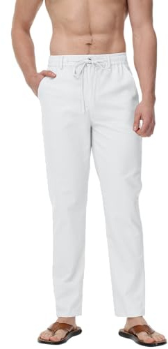 YAOHUOLE Pantalon Lin Homme Été Blanc M