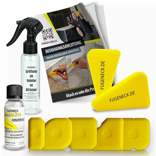 FUGENECK® - Das perfekte Fugenerstellungs Set mit allen Radien was du brauchst - Für Anfänger und Profis mit Anleitung (Abzieherset + Glättemittel + Sprühflasche)