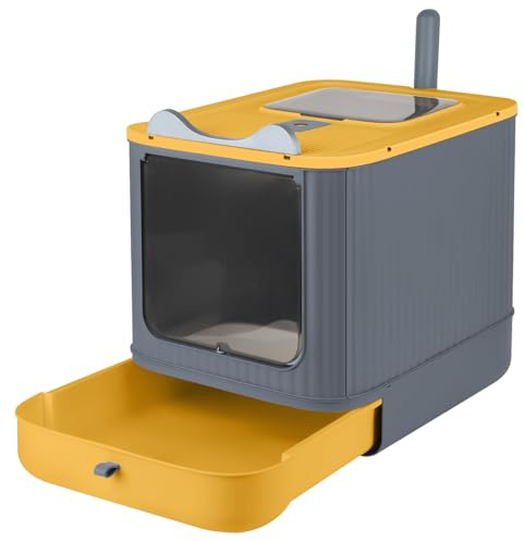 Bandeja para gatos plegable con entrada frontal y salida superior, gran espacio, casa de baño para gatos con bandejas extraíbles + pala para arena 44,5 * 36,5 * 34,5 cm - Amarillo