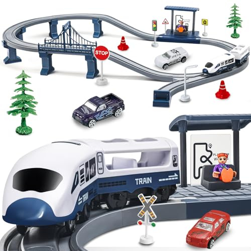 Electric Train Sets Toy for Kids, Magnetic Trains & Train Platform with Realistic Sound Light Effect, 65PCS Train Truck Accessories Gift for 3 4 5 6+ Year Old Boys Girls-Blue