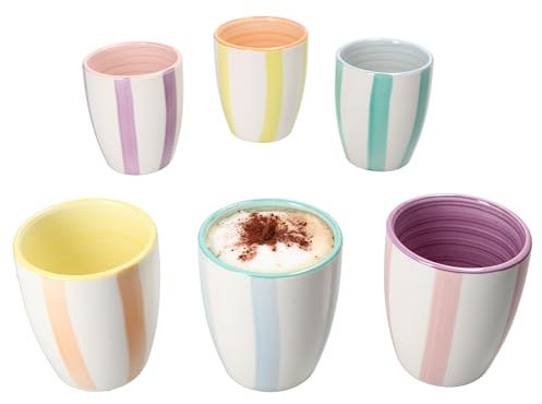 MamboCat Beach Pastello Stripes Lot de 6 tasses à moka - 150 ml - Petites tasses sans anse en faïence pour 6 personnes - Rayures pastel et décor tourbillon - Pour expresso, matcha, etc.