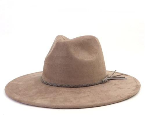 Big Wide Brim Fedora Hats for Women Men Western Suede Hats Large Felt Panama Hat Rancher Hat Cameo Brown