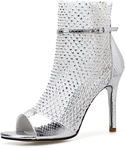 Sandali Estivi da Donna Punta Aperta Stivali con Strass Elegante Caviglia Tacchi Alti Peep Toe Sandali A Spillo Décolleté Scintillanti, Silver, 41 EU/10 US