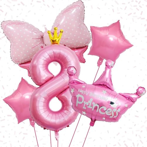 Number 8 Balloon, 8th Birthday Decorations, Princess Crown Balloon Set - Pink 40 Inch Foil Number 8 with Gold Crown Design, 89cm Bow, 82cm Crown Princess Balloon, 2x18 Inch Star Balloons for Girls Bir