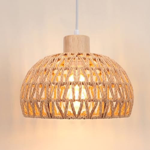 iDEGU 25cm Lámpara Colgante Vintage Luz Plafón Pantalla de Ratán y Madera Retro E27 Iluminación Colgante Estilo Bohemio Lámpara de Techo para Dormitorio Cocina Comedor Pasillo Salón (Ratán Marrón)