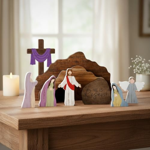 【He is Risen】 Empty Tomb Scene Spring Easter Decorations, Gesù Nativity Resurrection Figurines,Empty Tomb Easter Scene Cross Decorations for Home, Office, Table, Shelf, Mantle,Religious Gifts