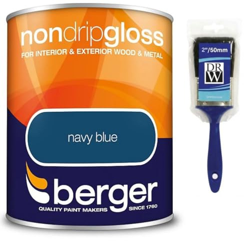 Navy Blue Non Drip Gloss Paint 750ml +2 Brush | Interior and Exterior Wood and Metal Paint | High Shine Durable Gloss Finish | Non Drip Trim Paint for Doors Skirting Boards Gates and Railings