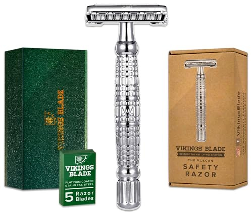 VIKINGS BLADE Double Edge Safety Razor for Men + 5 Swedish Steel Blades + Luxury Case. Long Handle. Smooth, Reusable, Eco-Friendly (The Vulcan)