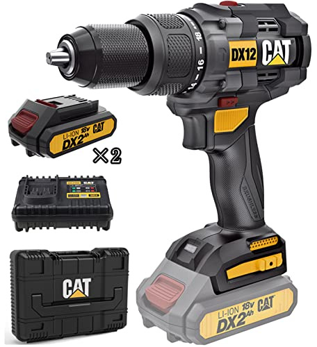 CAT Caterpillar bürstlos 18V Akkuschrauber und Akku-Bohrer mit 65Nm Drehmoment, 22+1+1 Stufen, 2x Akku-Ladegeräte, Koffer