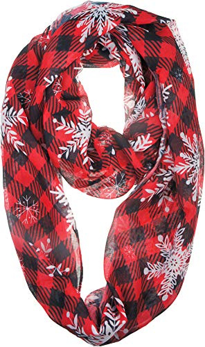 VIVIAN & VINCENT Gift Wrapped Fall Winter Soft Lightweight Holiday Sheer Infinity Christmas Scarf for Women Girls Plaid Snowflake Red