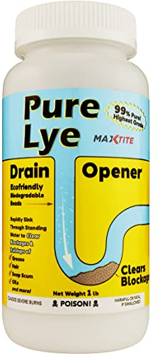 MaxTite Pure Lye Drain Opener Cleaner/Caustic Soda (1 Lb) - Sodium Hydroxide/NaOH Beads - PET container w/Resealable Child Resistant Cap