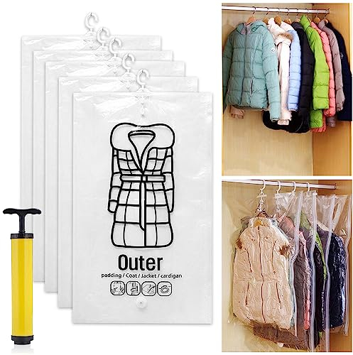 BNGXR Bolsas de Almacenamiento al Vacío para Colgar, 5 Piezas Reutilizable Bolsas Vacio Ropa con Bomba de Aire Bolsas Vacío Ahorro de Espacio para Trajes Ropa Chaquetas