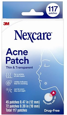 Nexcare Thin and Transparent Acne Patch, Skin Cover Absorbs Pus and Oil from Clogged Pores, Made with hydrocolloid, tab Allows for Easy Removal from Liner - 117 Pimple Patches