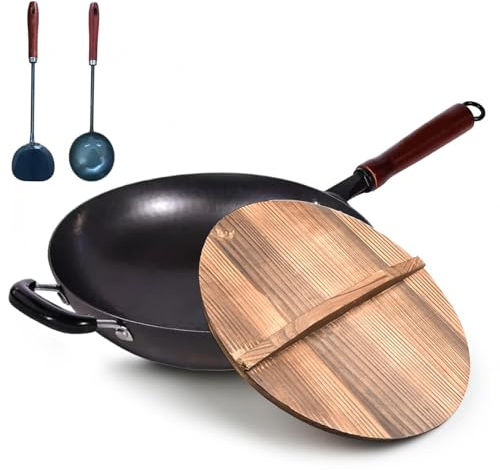 HAZARA Eisenwok, Wokpfanne Gusseisen Unbeschichtete Antihaft Wok,Der Runde Wok Mit Holzgriff, Wok Brenner Gas Spezieller Rundboden Wok für Gasherd,13.4in